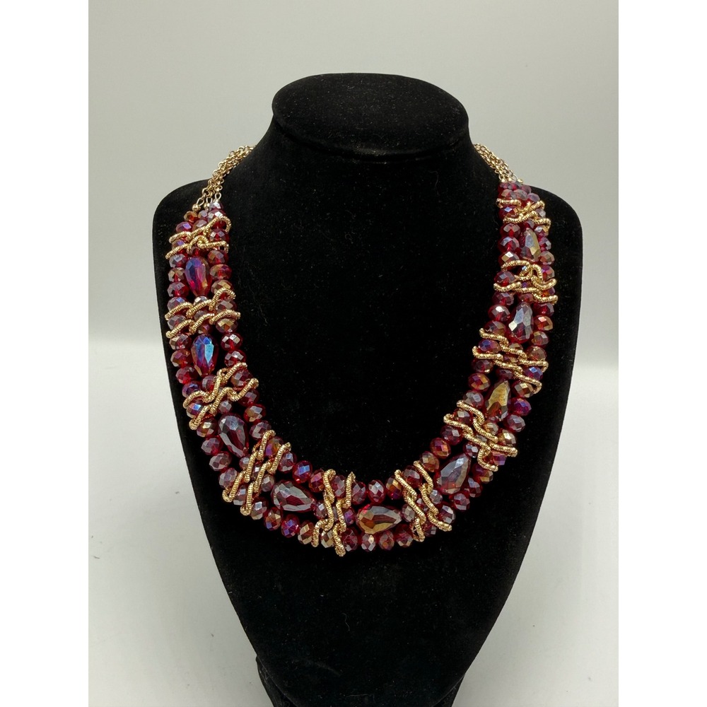 Ruby Red‎ AB Glass Bead Multi Strand Statement Necklace Gold Tone Bib Chunky